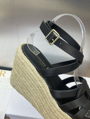 D-CLUB 25S HIGH HEEL WEDGE 100MM IN BLACK CALFSKIN RAFFIA SOLE
