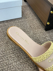 DIOR 25S D-LANE SLIDE NUDE CALFSKIN AND YELLOW BRAIDED RAFFIA