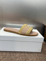 DIOR 25S D-LANE SLIDE NUDE CALFSKIN AND YELLOW BRAIDED RAFFIA