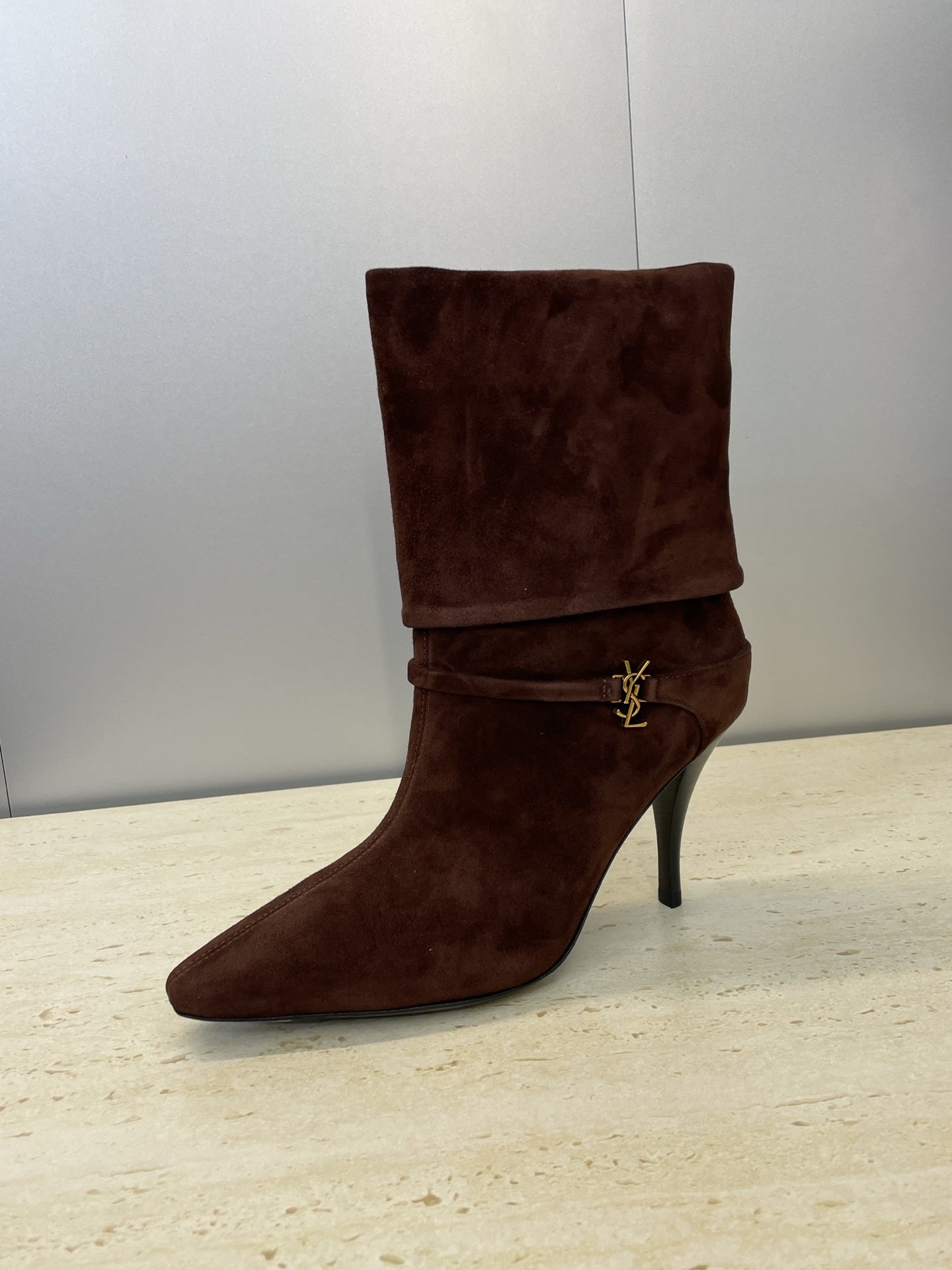 YSL 25S NIKI POINTED-HEEL ANKLE BOOTS 95 MM IN DARK BROWN SUEDE WITH GOLD HARDWARE
