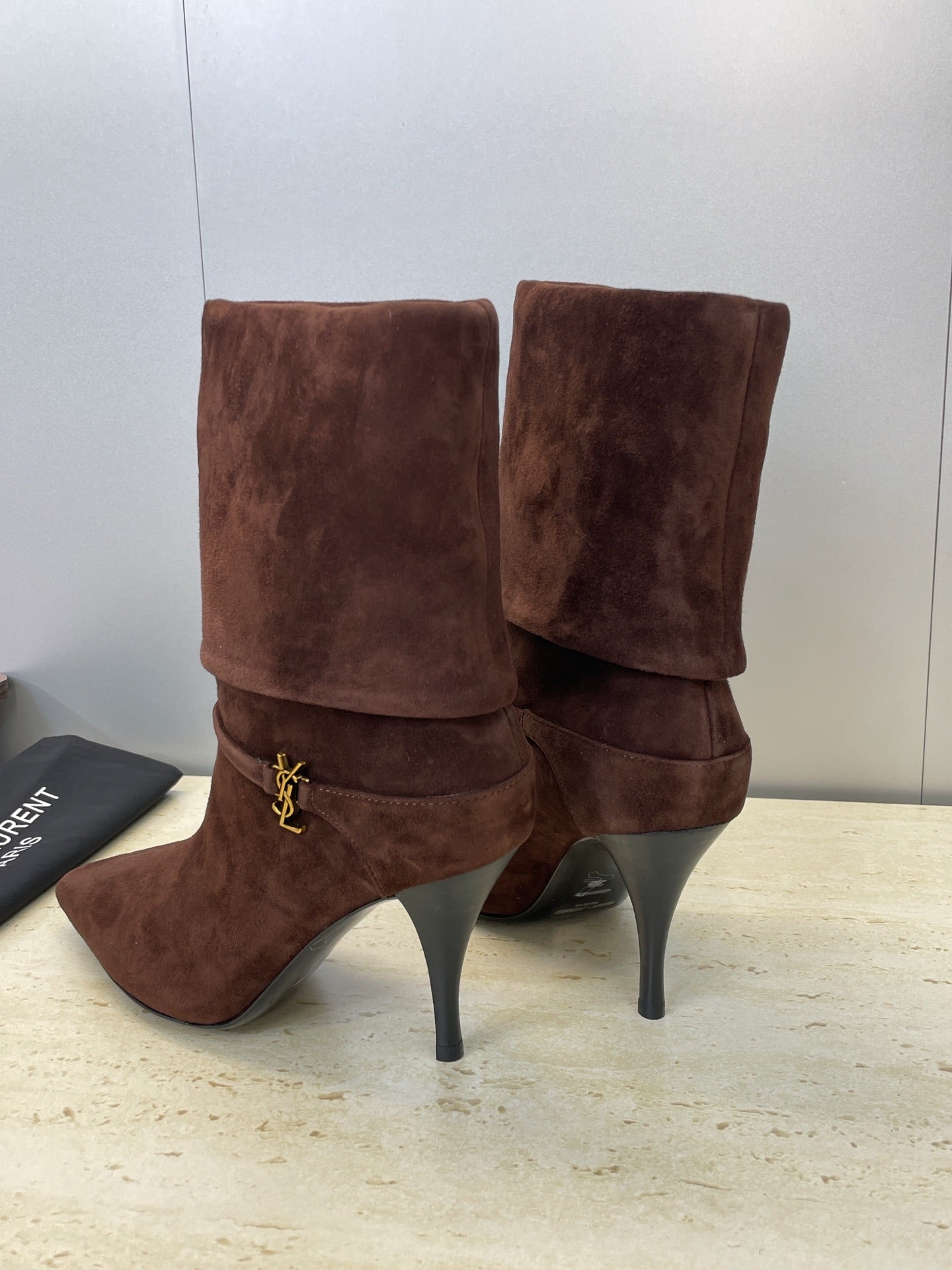 YSL 25S NIKI POINTED-HEEL ANKLE BOOTS 95 MM IN DARK BROWN SUEDE WITH GOLD HARDWARE