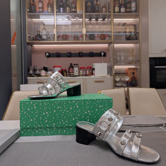 STRAPPY MEDIUM HEELED SANDALS IN SILVER STUDDED WAX-OIL SHEEPSKIN