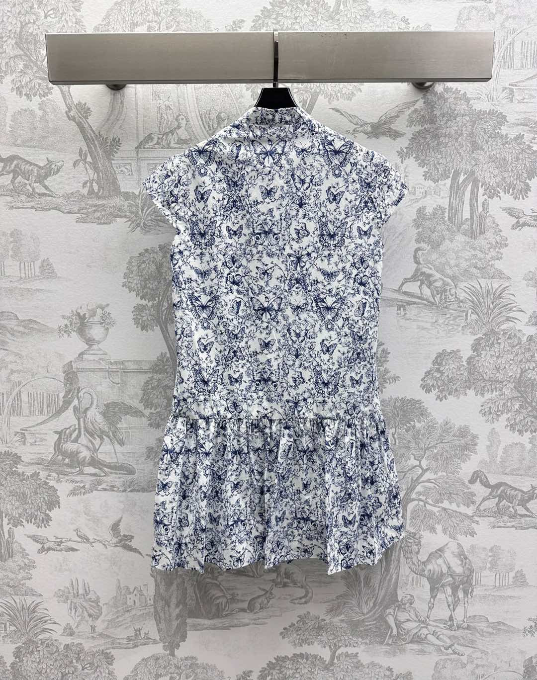 CD Short Dress White Cotton Muslin with Blue Butterfly Motif
