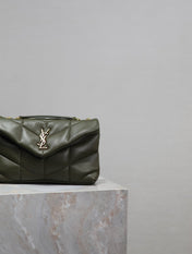 YSL 25S LOULOU PUFFER MINI 23 IN DARK OLIVE CALFSKIN GOLD HARDWARE