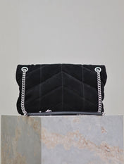 YSL 25S LOULOU PUFFER MM 29 IN BLACK SUEDE SILVER HARDWRE