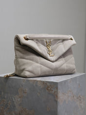 YSL 25S LOULOU PUFFER MM 29 IN SMOKEY TAUPE SUEDE GOLD HARDWRE