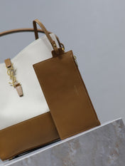 YSL 25S LE 5 À 7 BUCKET 26 IN CREAM BROWN CALFSKIN AND CANVAS GOLD HARDWRE