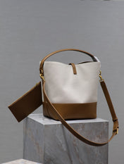 YSL 25S LE 5 À 7 BUCKET 26 IN CREAM BROWN CALFSKIN AND CANVAS GOLD HARDWRE