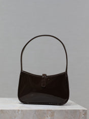 LE 5 À 7 MINI BAG 19 IN CHOCOLATE PATENT CALFSKIN GOLD LOGO