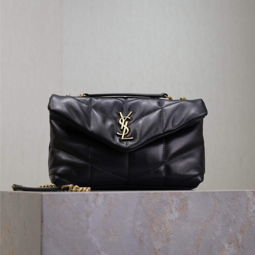 YSL 25S LOULOU PUFFER MINI 23 IN BLACK CALFSKIN GOLD HARDWRE