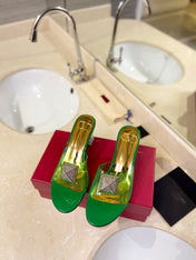 HIGH MULE 60MM IN SHAMROCK GREEN SHEEPSKIN AND TRANSPARENT PVC