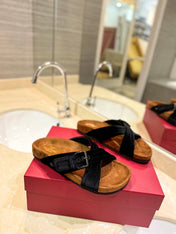 FUSSFRIEND BLACK SILK VELVET SLIDE SANDALS