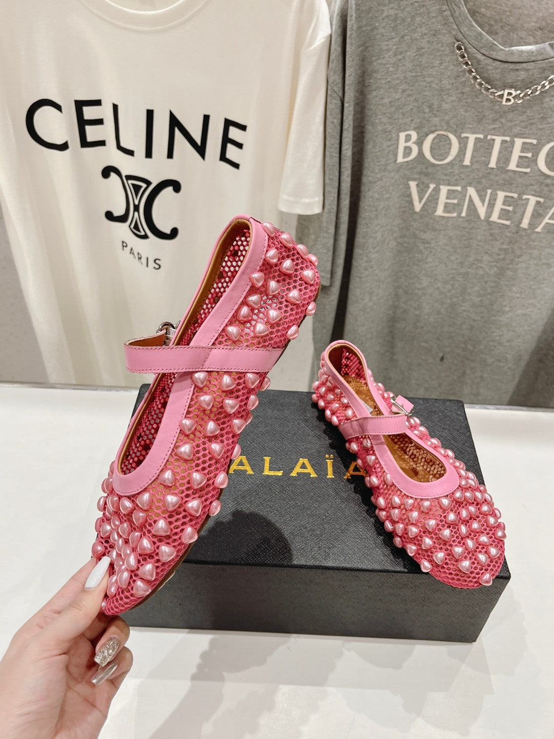 ALAIA PEARL MARY JANE SHOES IN DARK PINK MESH AND CALFSKIN