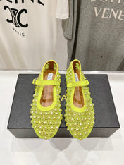 ALAIA PEARL MARY JANE SHOES IN NEON YELLOW MESH AND CALFSKIN