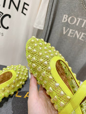 ALAIA PEARL MARY JANE SHOES IN NEON YELLOW MESH AND CALFSKIN