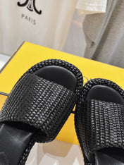 FENDI FFOLD MEDIUM-HEEL SANDALS 45 MM IN BLACK COTTON FIBRE