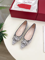 EFFLORESCENCE BALLERINAS IN WHITE TWEED WITH FINE BLACK STRIPES EMBELLISHED CRYSTALS
