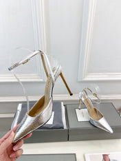 HIGH SLINGBACKS 10 CM IN SILVER SNAKE-PATTERN CALFSKIN