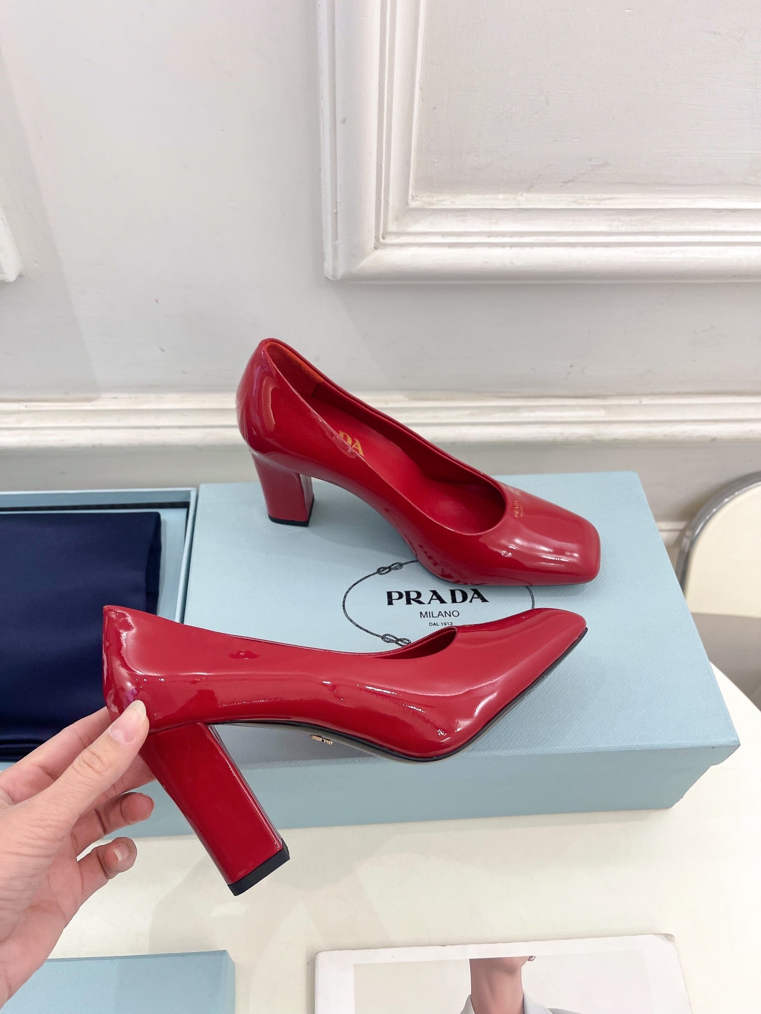 SQUARE TOE HIGH PUMPS IN CRIMSON RED GLOSSY CALFSKIN