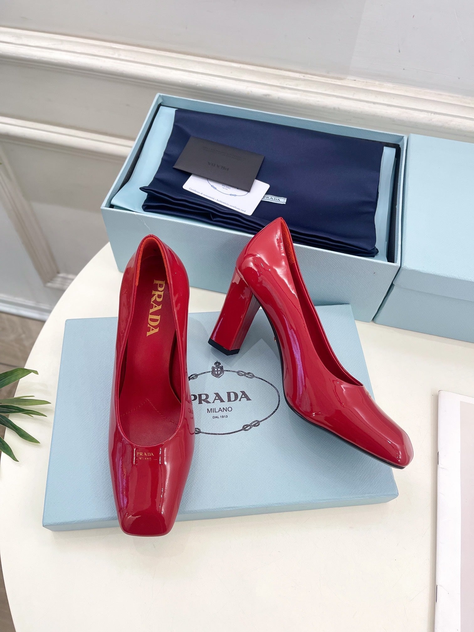 SQUARE TOE HIGH PUMPS IN CRIMSON RED GLOSSY CALFSKIN