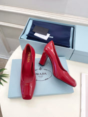 SQUARE TOE HIGH PUMPS IN CRIMSON RED GLOSSY CALFSKIN