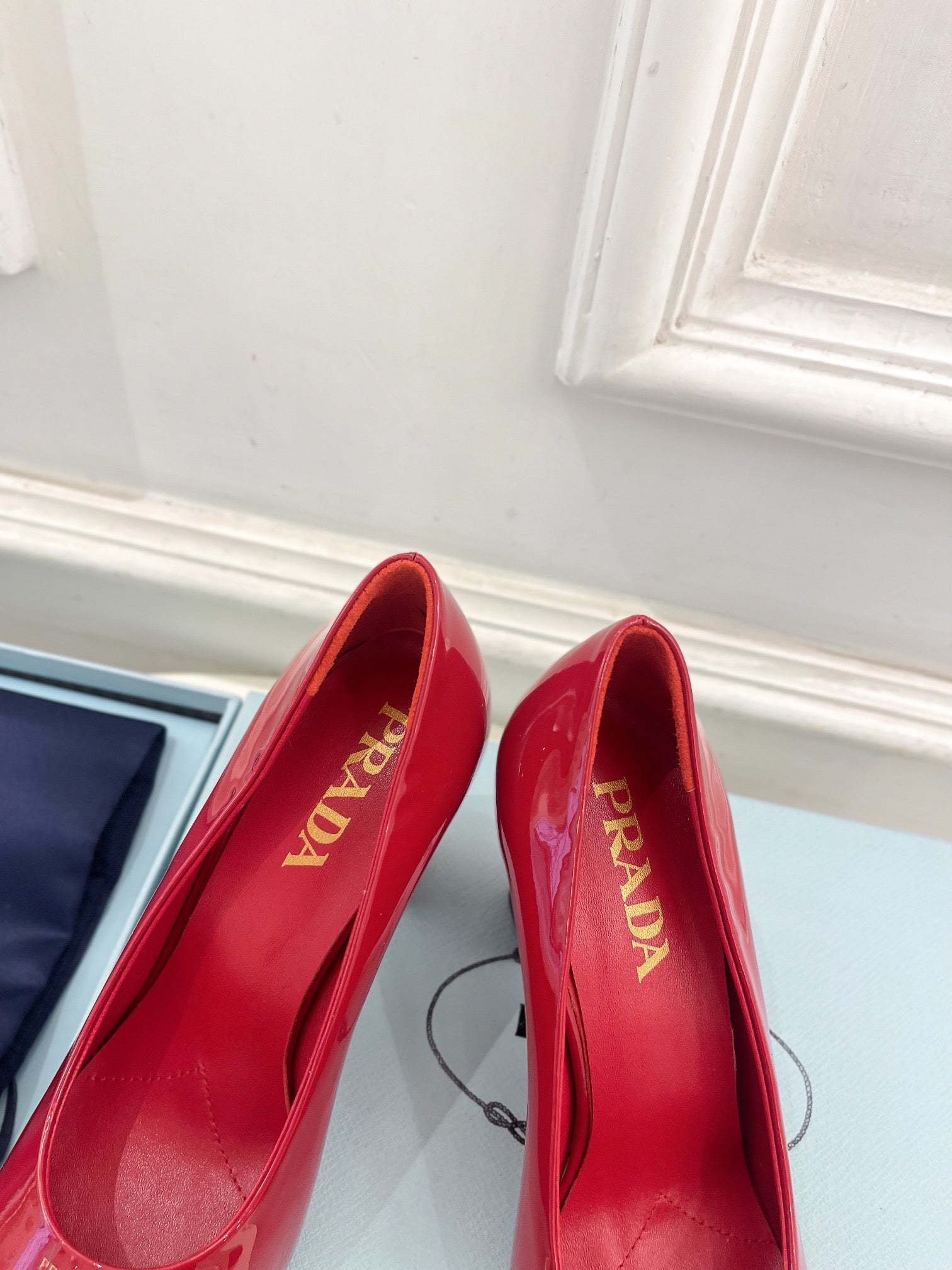 SQUARE TOE HIGH PUMPS IN CRIMSON RED GLOSSY CALFSKIN