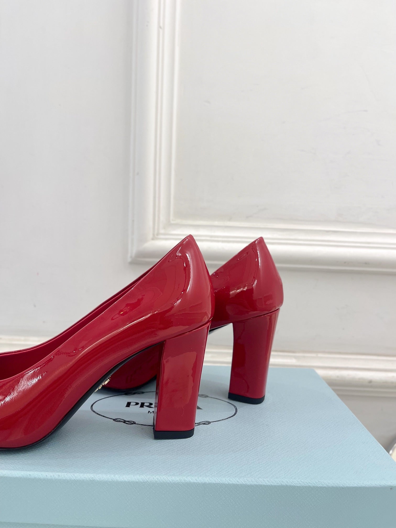SQUARE TOE HIGH PUMPS IN CRIMSON RED GLOSSY CALFSKIN