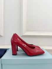 SQUARE TOE HIGH PUMPS IN CRIMSON RED GLOSSY CALFSKIN
