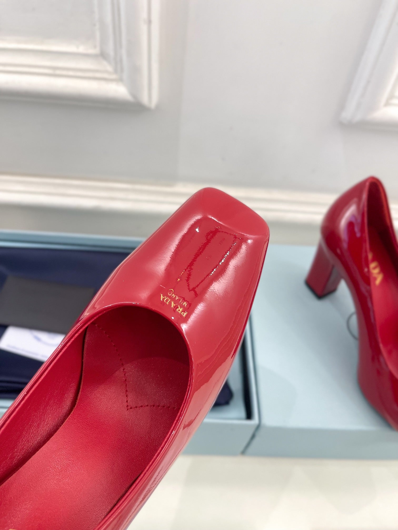 SQUARE TOE HIGH PUMPS IN CRIMSON RED GLOSSY CALFSKIN