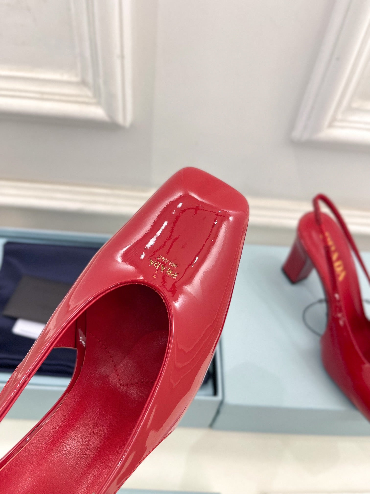 SQUARE TOE SLINGBACK PUMPS IN CRIMSON RED GLOSSY CALFSKIN