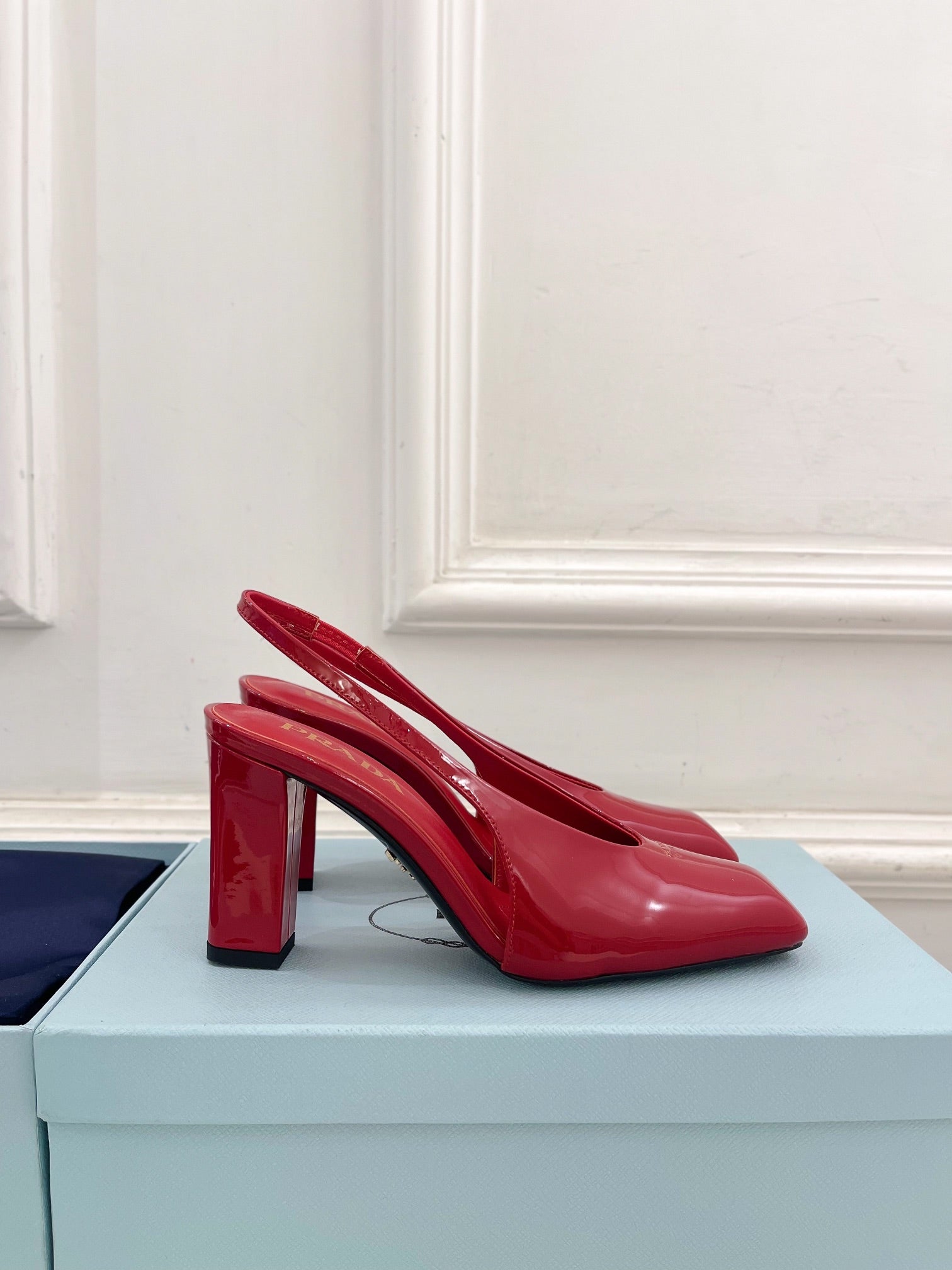 SQUARE TOE SLINGBACK PUMPS IN CRIMSON RED GLOSSY CALFSKIN