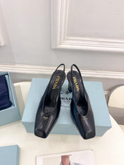 SQUARE TOE SLINGBACK PUMPS IN BLACK SMOOTH LAMBSKIN