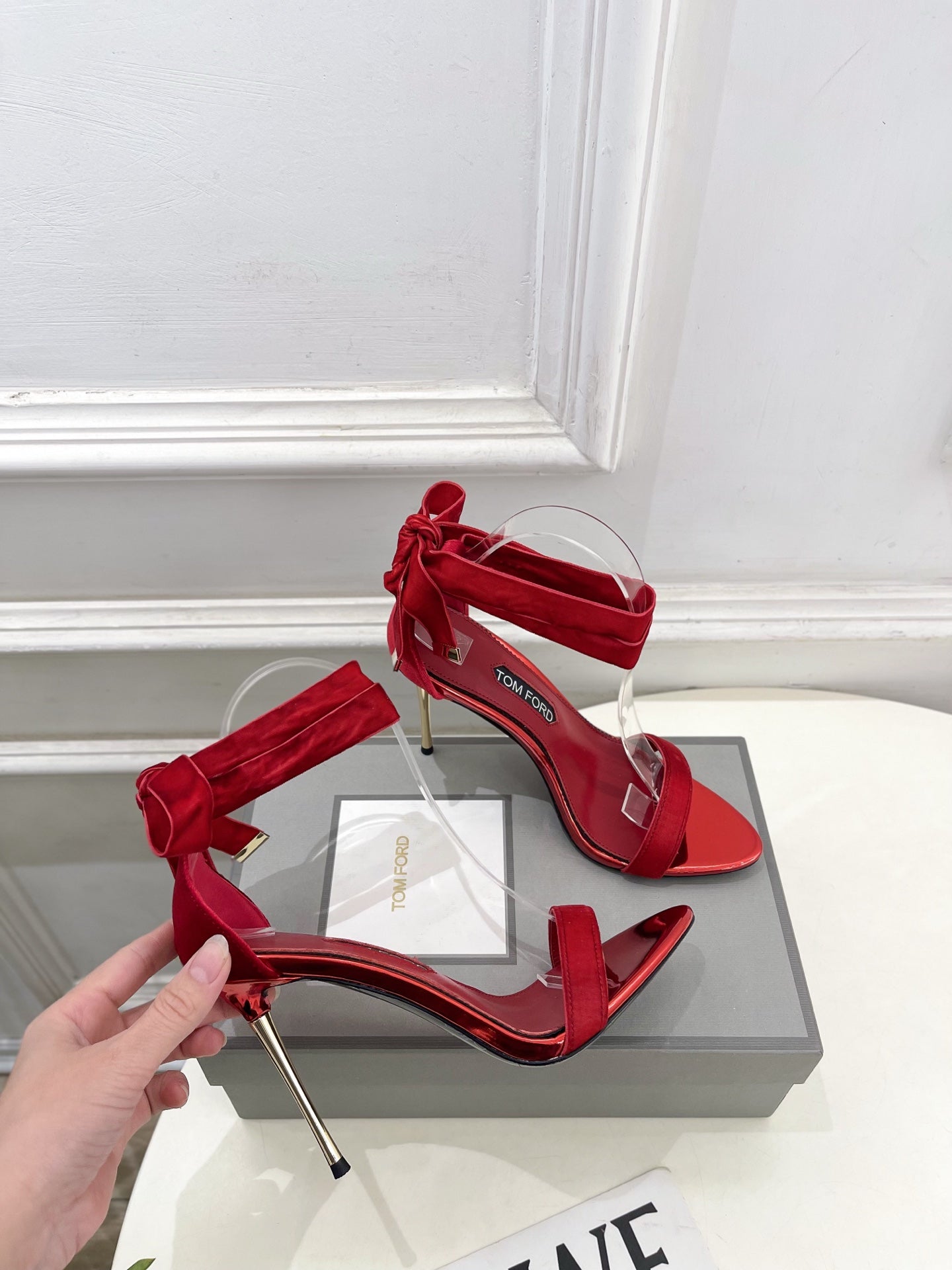 TOM FORD 26S HIGH-HEELED SANDALS 105 MM IN RED FABRIC AND CALFSKIN