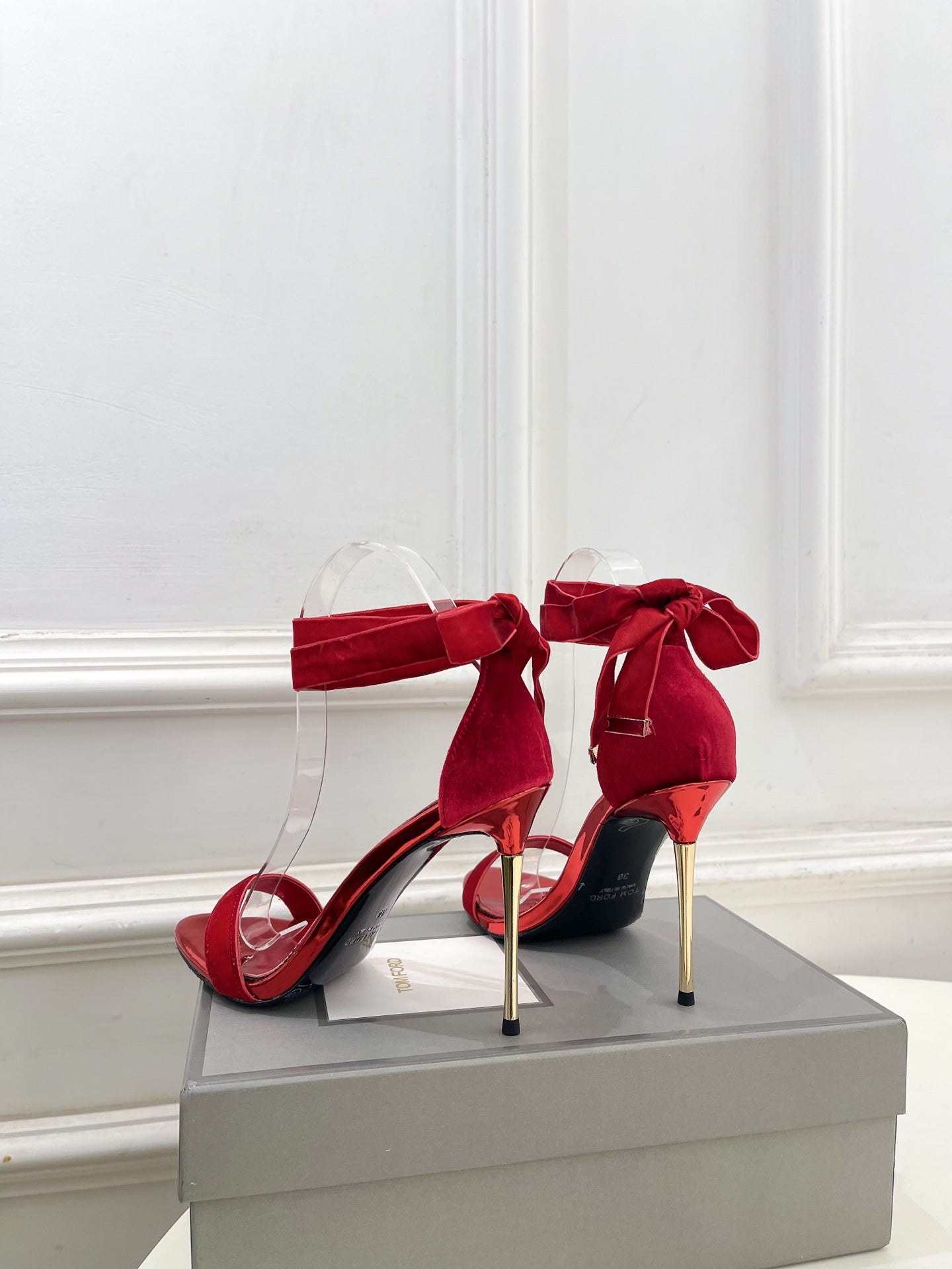 TOM FORD 26S HIGH-HEELED SANDALS 105 MM IN RED FABRIC AND CALFSKIN