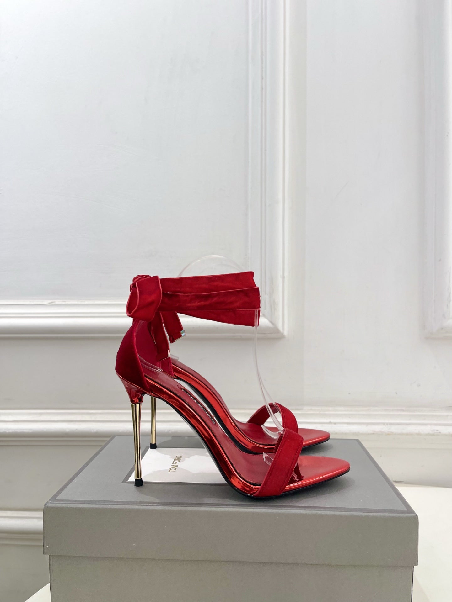 TOM FORD 26S HIGH-HEELED SANDALS 105 MM IN RED FABRIC AND CALFSKIN