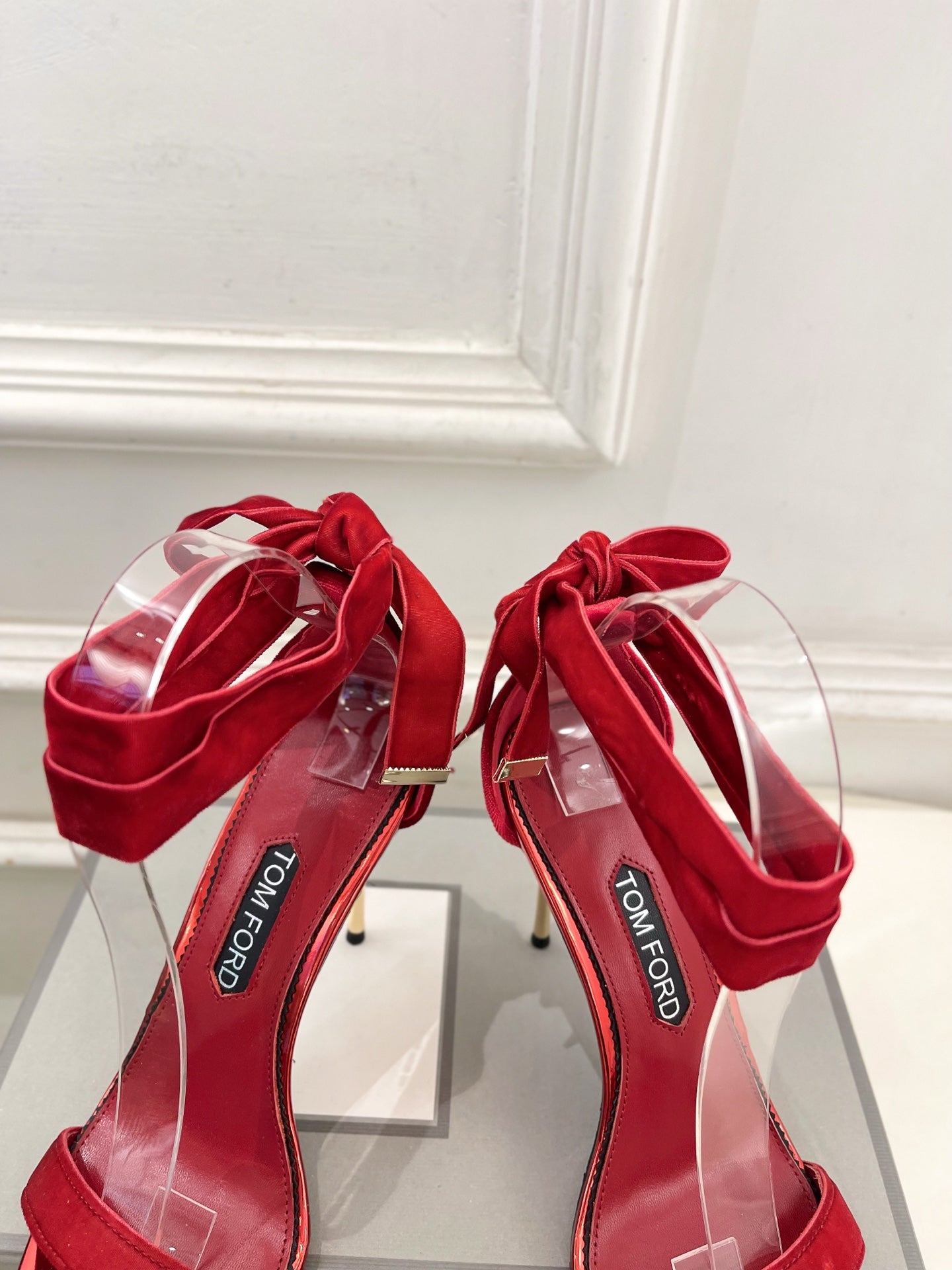 TOM FORD 26S HIGH-HEELED SANDALS 105 MM IN RED FABRIC AND CALFSKIN