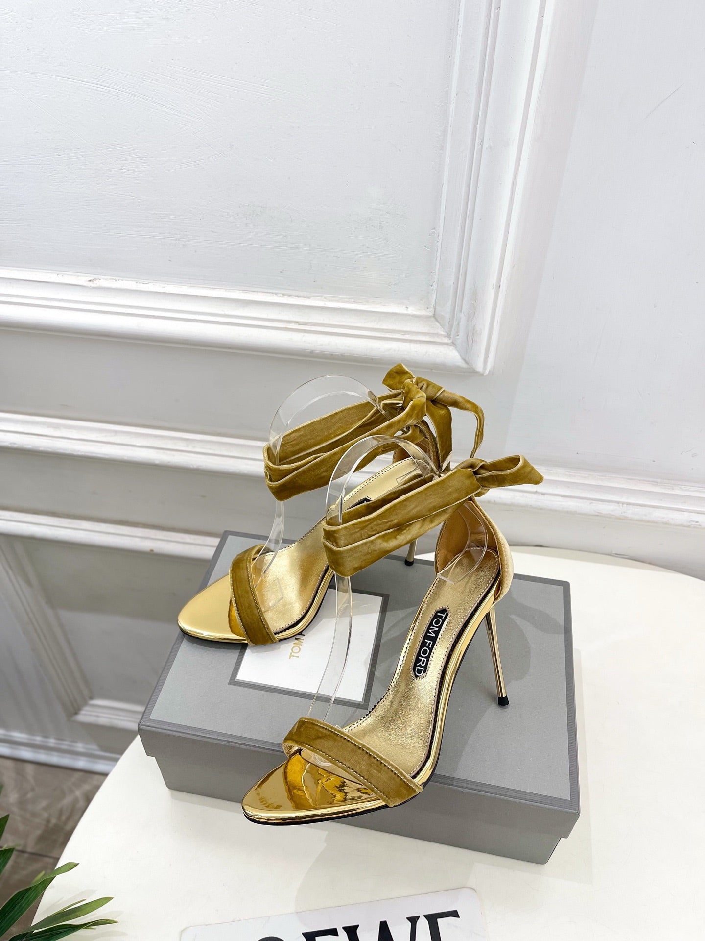 TOM FORD 26S HIGH-HEELED SANDALS 105 MM IN BROWN FABRIC AND GOLD CALFSKIN