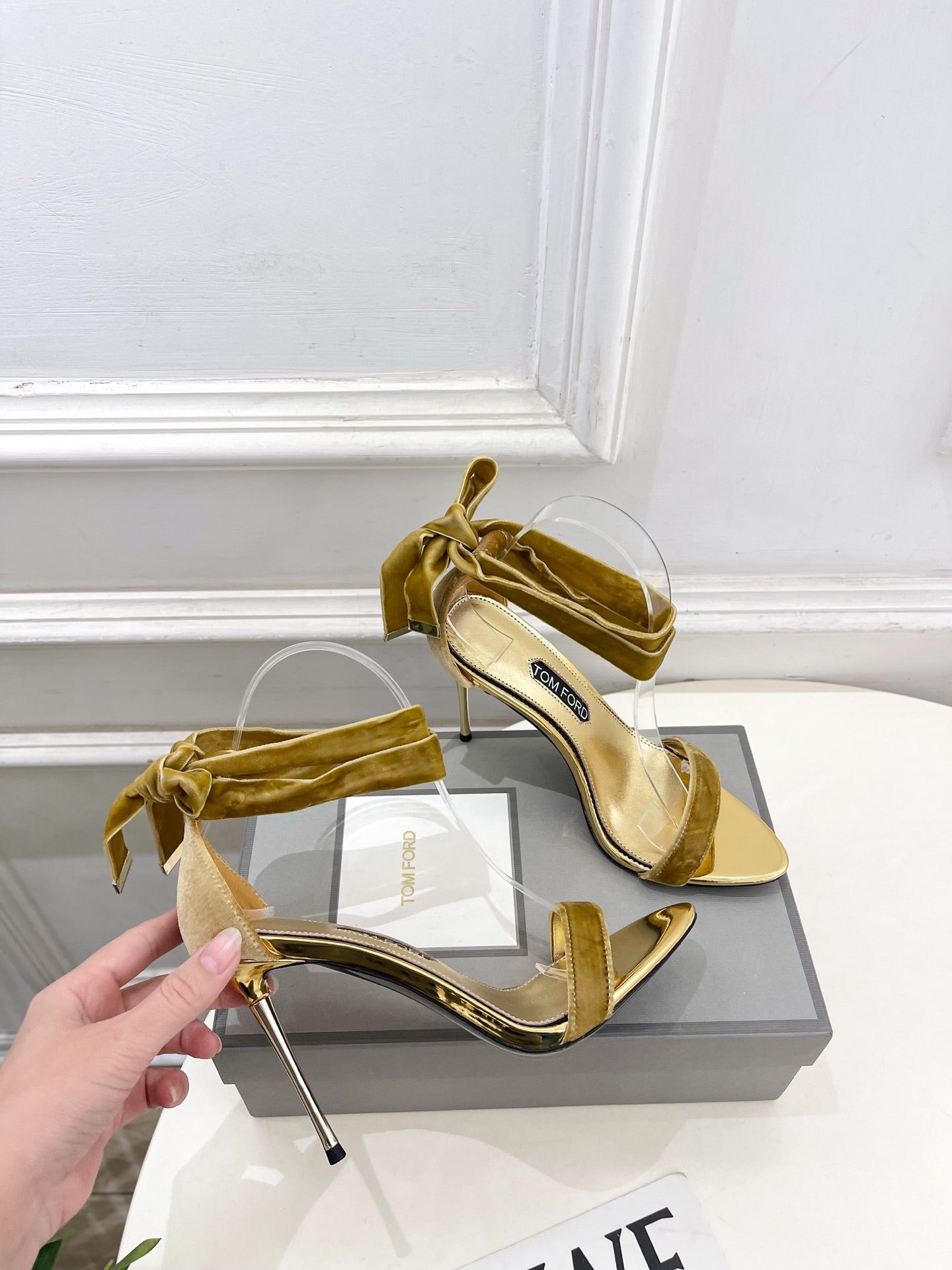 TOM FORD 26S HIGH-HEELED SANDALS 105 MM IN BROWN FABRIC AND GOLD CALFSKIN