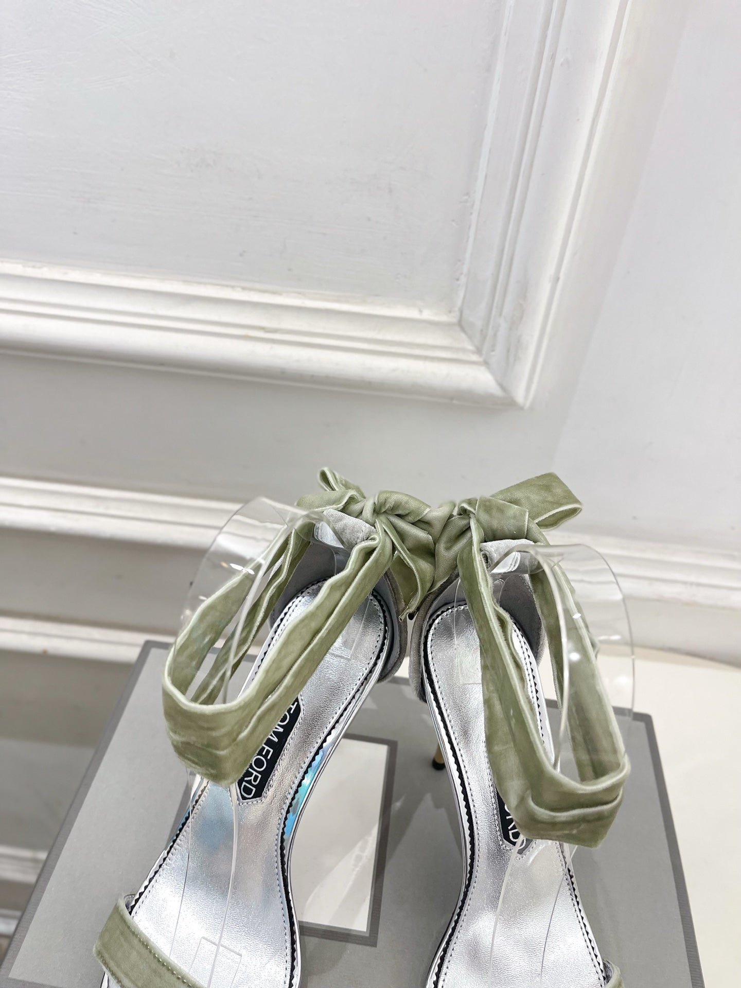 TOM FORD 26S HIGH-HEELED SANDALS 105 MM IN LIGHT GREEN FABRIC AND SILVER CALFSKIN