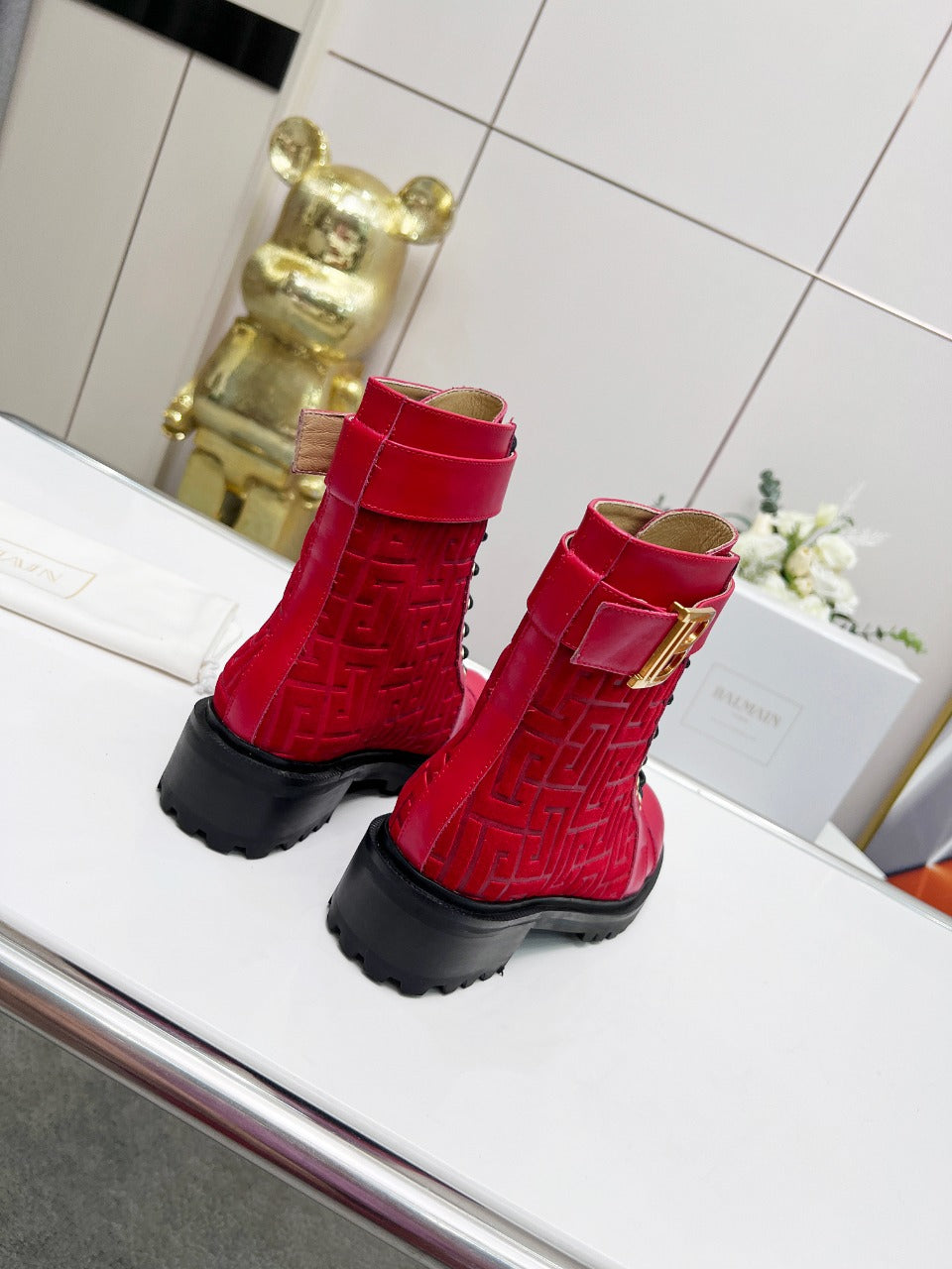 BALMAIN 26S BOOTS IN RED CALFSKIN AND SUEDE