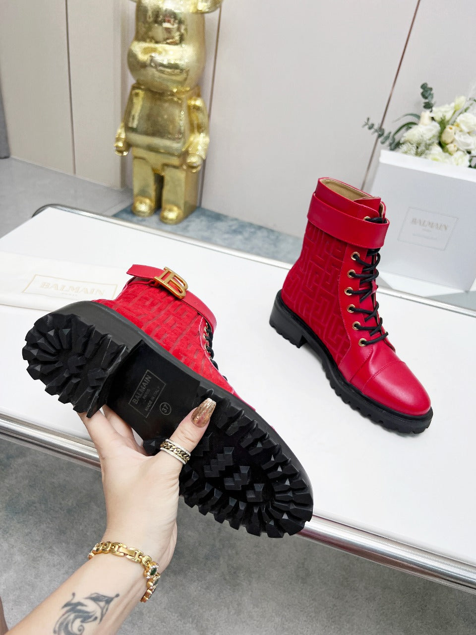BALMAIN 26S BOOTS IN RED CALFSKIN AND SUEDE