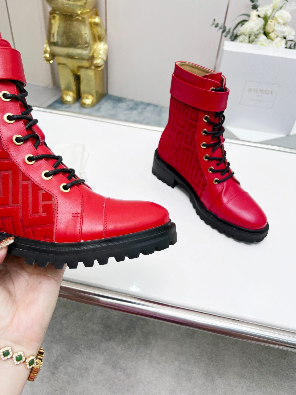 BALMAIN 26S BOOTS IN RED CALFSKIN AND SUEDE