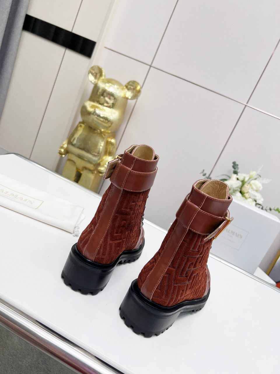 BALMAIN 26S BOOTS IN RUST BROWN CALFSKIN AND SUEDE