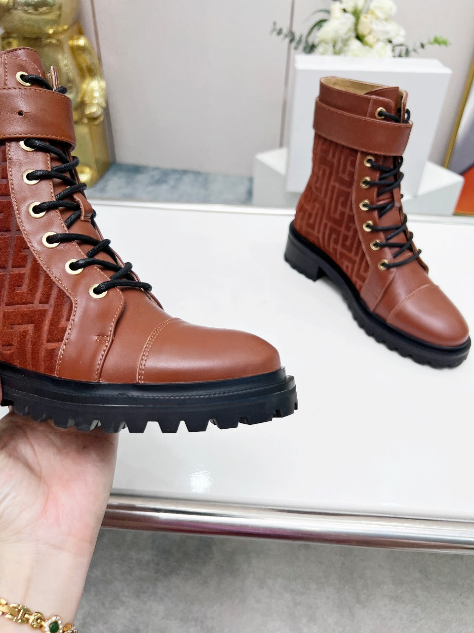 BALMAIN 26S BOOTS IN RUST BROWN CALFSKIN AND SUEDE