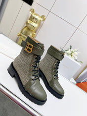 BALMAIN 26S BOOTS IN MOSS GREEN CALFSKIN AND SUEDE