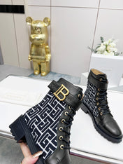 BALMAIN 26S BOOTS IN BLACK CALFSKIN AND WOOL