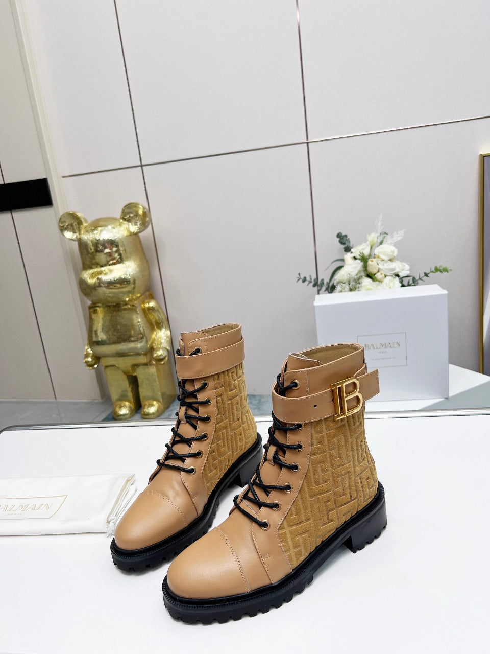 BALMAIN 26S BOOTS IN LIGHT BROWN CALFSKIN AND SUEDE
