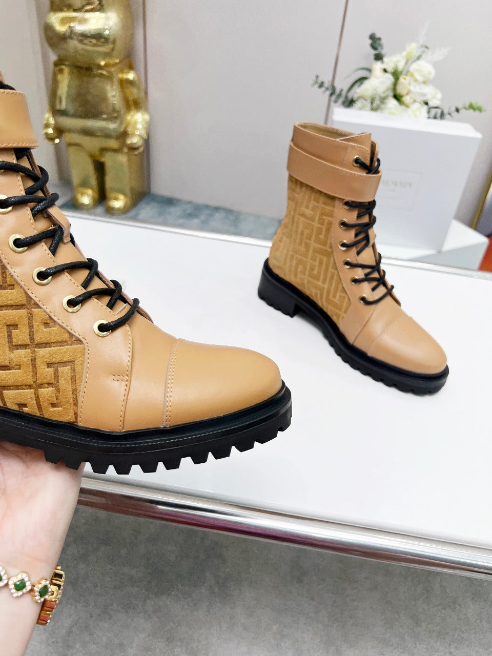 BALMAIN 26S BOOTS IN LIGHT BROWN CALFSKIN AND SUEDE