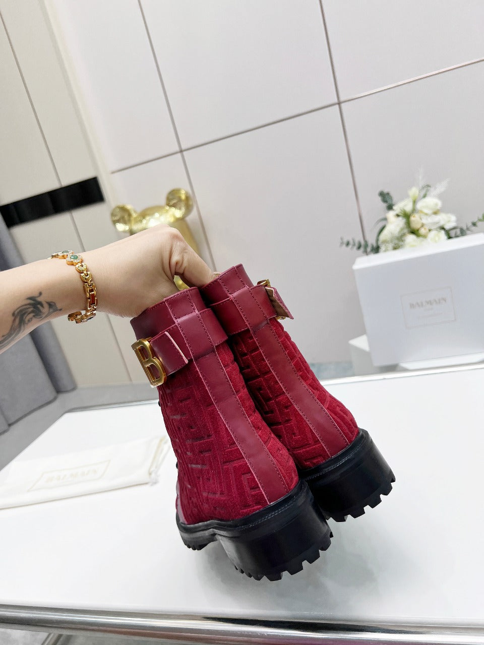 BALMAIN 26S BOOTS IN DARK RED CALFSKIN AND SUEDE