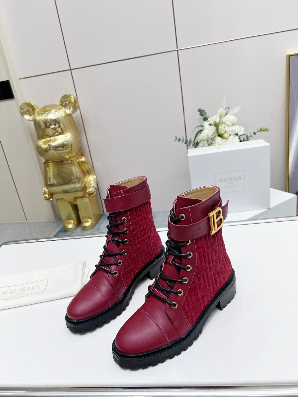 BALMAIN 26S BOOTS IN DARK RED CALFSKIN AND SUEDE